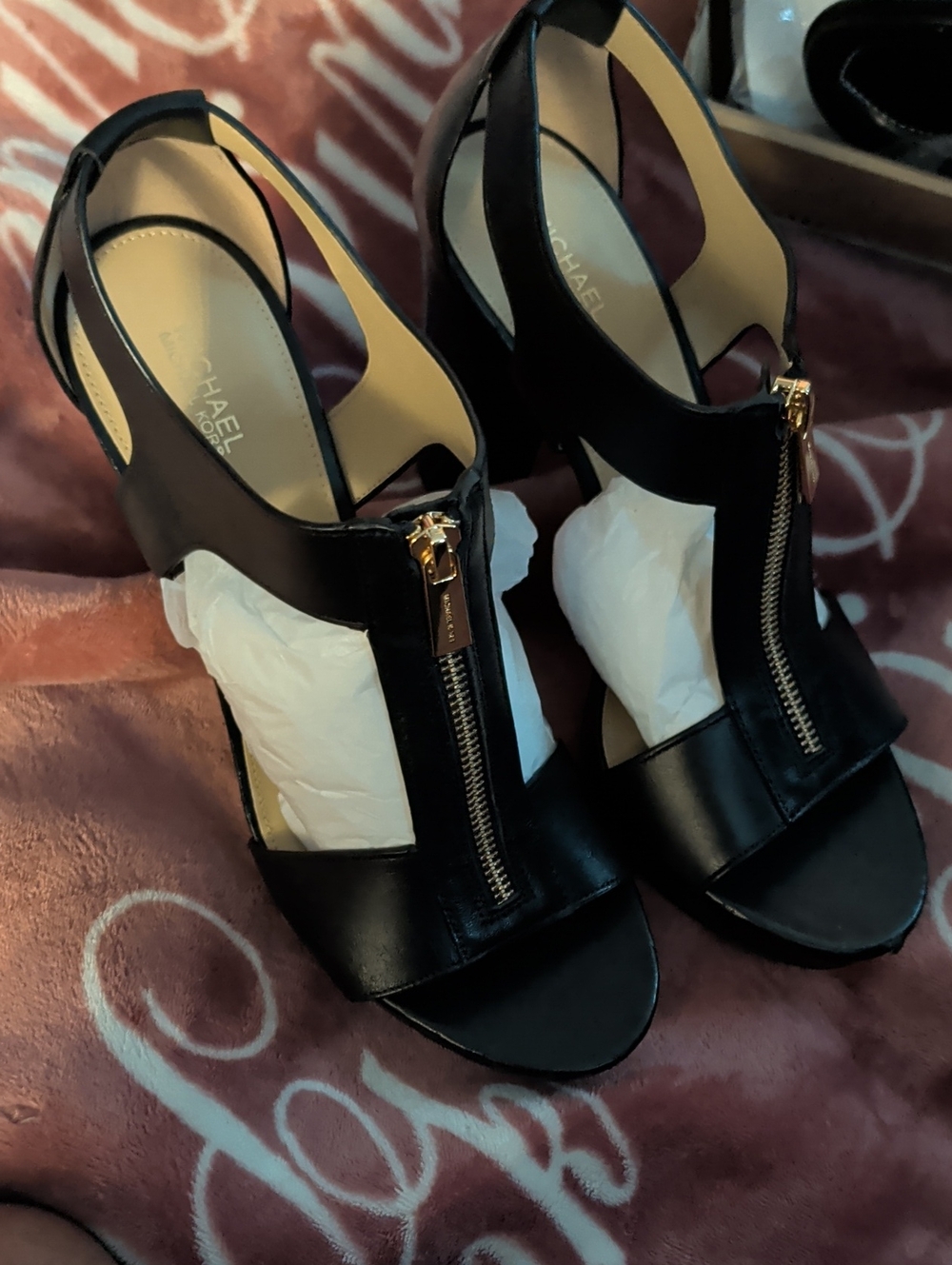 MICHAEL Michael Kors Black Leather Open-Toe Zip-Heel Sandals